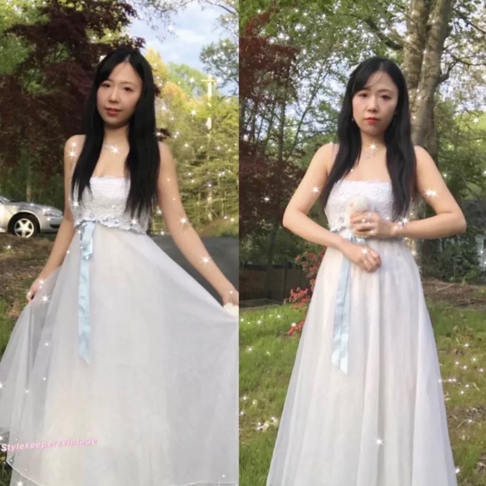 💖Gunne Sax💖Style Romantic Bridal Ivory Blue Ribbon Eyelet Lace Dress Sz S 💐